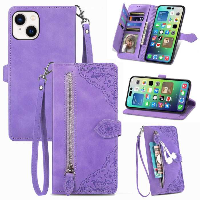 For Iphone 15 Embossed Flower Zipper Leather Phone Case