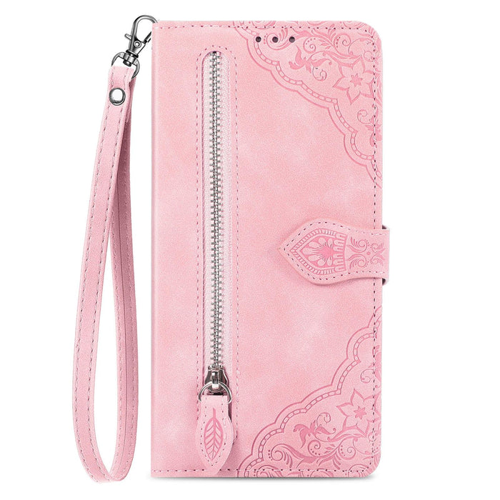 For Iphone 15 Embossed Flower Zipper Leather Phone Case