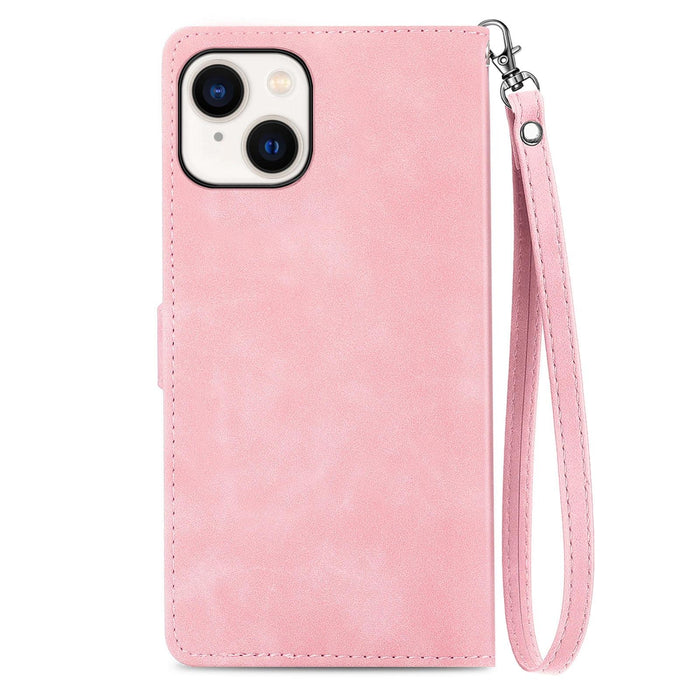 For Iphone 15 Embossed Flower Zipper Leather Phone Case