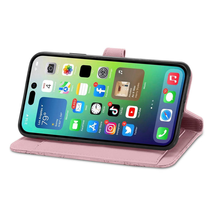 For Iphone 15 Embossed Flower Zipper Leather Phone Case