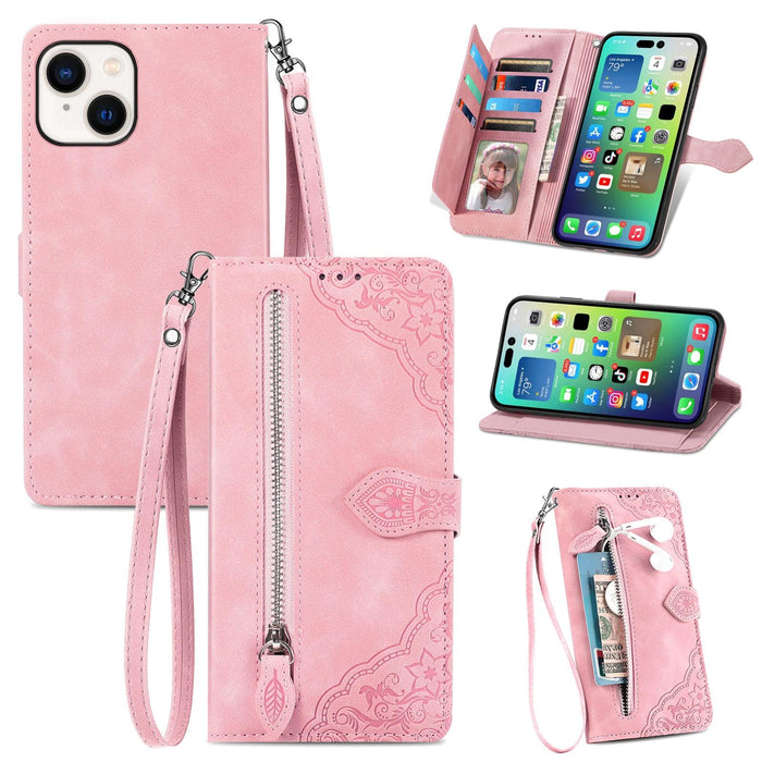 For Iphone 15 Embossed Flower Zipper Leather Phone Case