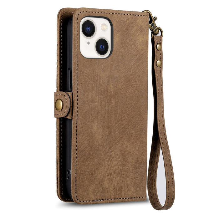 For Iphone 15 Geometric Zipper Wallet Side Buckle Leather Phone Case
