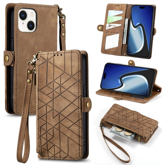 For Iphone 15 Geometric Zipper Wallet Side Buckle Leather Phone Case