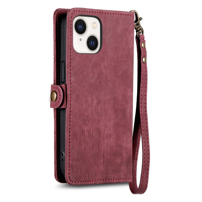 For Iphone 15 Geometric Zipper Wallet Side Buckle Leather Phone Case