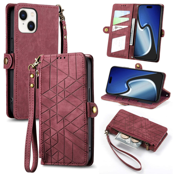 For Iphone 15 Geometric Zipper Wallet Side Buckle Leather Phone Case