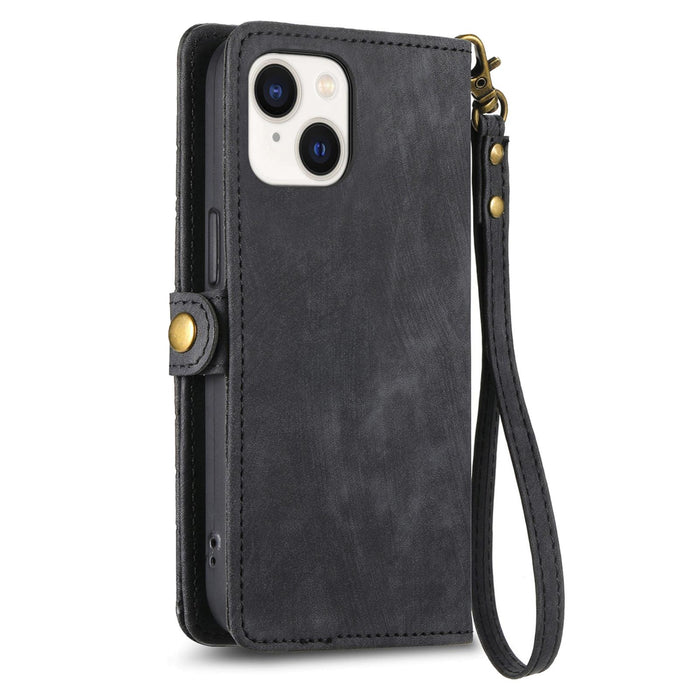 For Iphone 15 Geometric Zipper Wallet Side Buckle Leather Phone Case