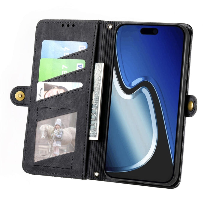 For Iphone 15 Geometric Zipper Wallet Side Buckle Leather Phone Case
