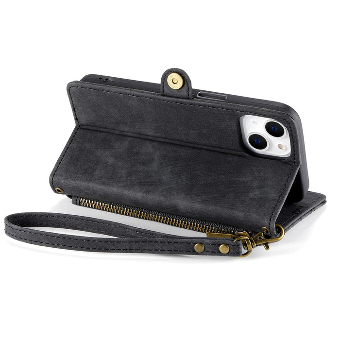 For Iphone 15 Geometric Zipper Wallet Side Buckle Leather Phone Case