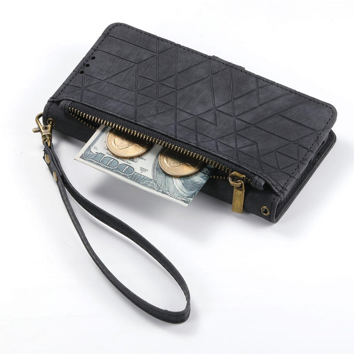 For Iphone 15 Geometric Zipper Wallet Side Buckle Leather Phone Case