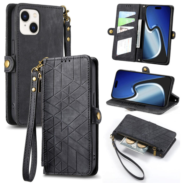 For Iphone 15 Geometric Zipper Wallet Side Buckle Leather Phone Case