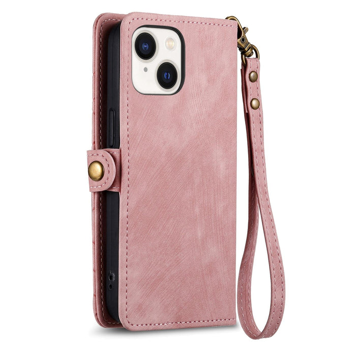 For Iphone 15 Geometric Zipper Wallet Side Buckle Leather Phone Case