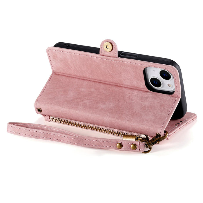 For Iphone 15 Geometric Zipper Wallet Side Buckle Leather Phone Case