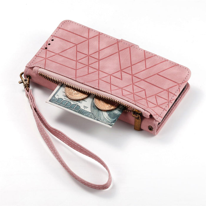 For Iphone 15 Geometric Zipper Wallet Side Buckle Leather Phone Case