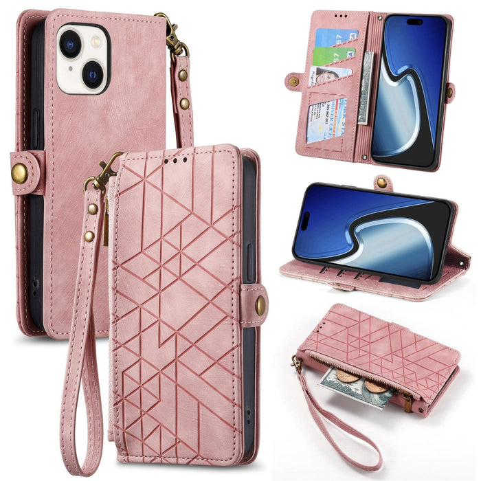 For Iphone 15 Geometric Zipper Wallet Side Buckle Leather Phone Case