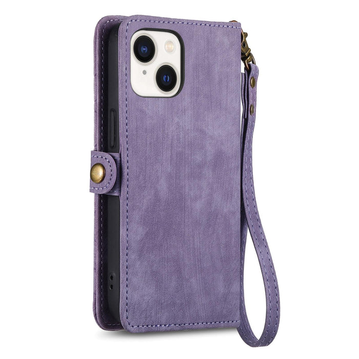 For Iphone 15 Geometric Zipper Wallet Side Buckle Leather Phone Case