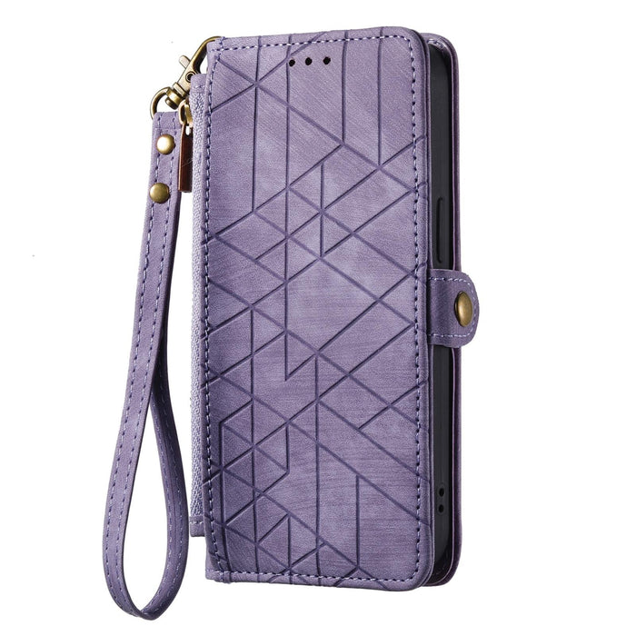 For Iphone 15 Geometric Zipper Wallet Side Buckle Leather Phone Case