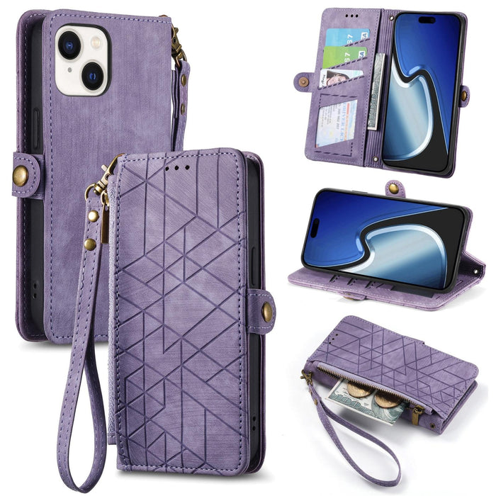 For Iphone 15 Geometric Zipper Wallet Side Buckle Leather Phone Case