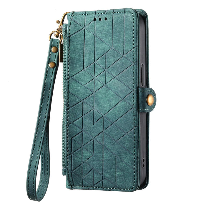For Iphone 15 Geometric Zipper Wallet Side Buckle Leather Phone Case