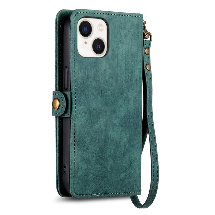 For Iphone 15 Geometric Zipper Wallet Side Buckle Leather Phone Case