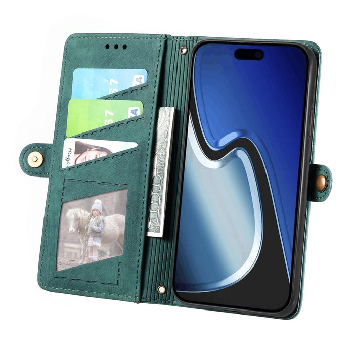 For Iphone 15 Geometric Zipper Wallet Side Buckle Leather Phone Case