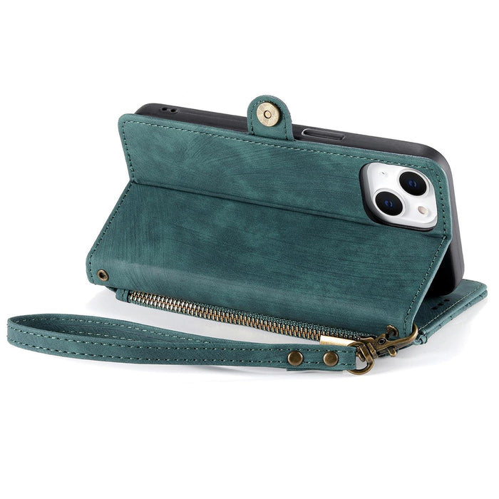 For Iphone 15 Geometric Zipper Wallet Side Buckle Leather Phone Case