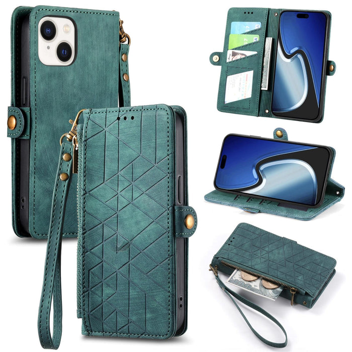 For Iphone 15 Geometric Zipper Wallet Side Buckle Leather Phone Case