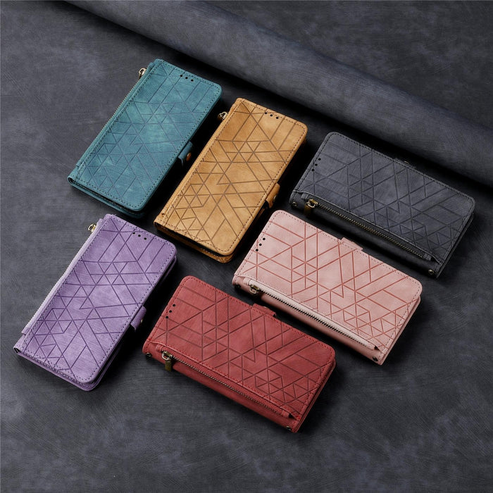 For Iphone 15 Geometric Zipper Wallet Side Buckle Leather Phone Case