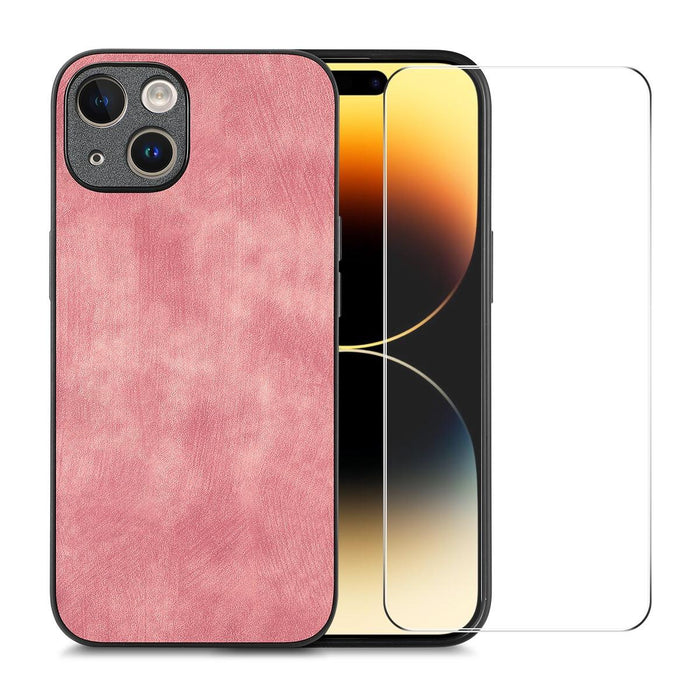For Iphone 15 Retro Leather Skin Pc Phone Case With High Aluminum-Silicon Glass Film