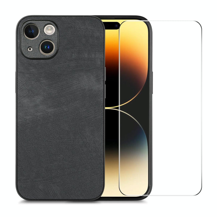 For Iphone 15 Retro Leather Skin Pc Phone Case With High Aluminum-Silicon Glass Film