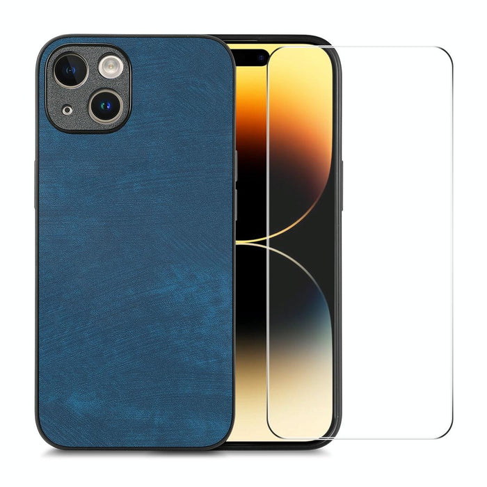 For Iphone 15 Retro Leather Skin Pc Phone Case With High Aluminum-Silicon Glass Film