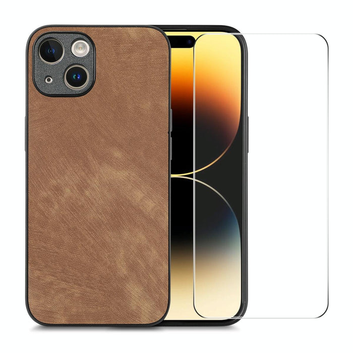For Iphone 15 Retro Leather Skin Pc Phone Case With High Aluminum-Silicon Glass Film