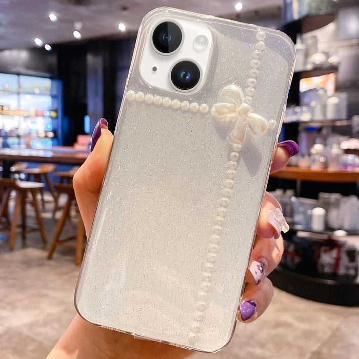 For Iphone 15 Pearl Bow Glitter Epoxy Tpu Phone Case