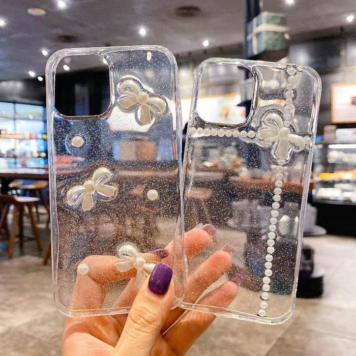 For Iphone 15 Pearl Bow Glitter Epoxy Tpu Phone Case