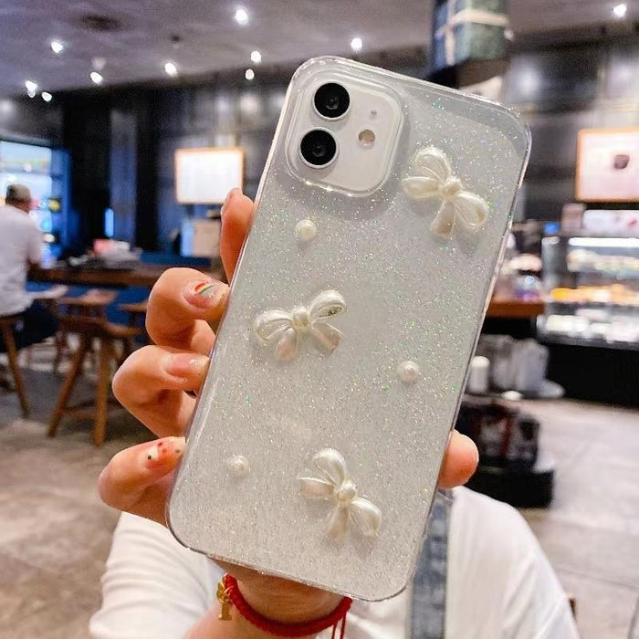 For Iphone 15 Pearl Bow Glitter Epoxy Tpu Phone Case