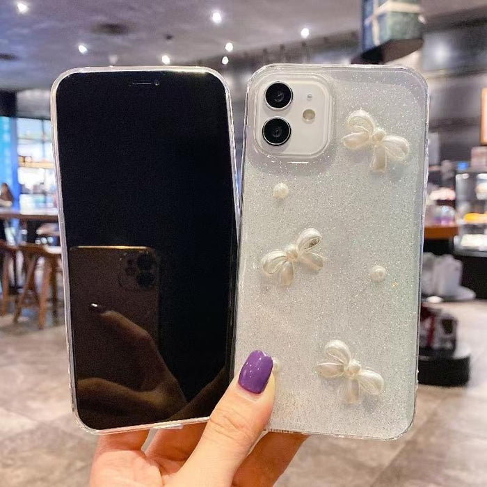 For Iphone 15 Pearl Bow Glitter Epoxy Tpu Phone Case