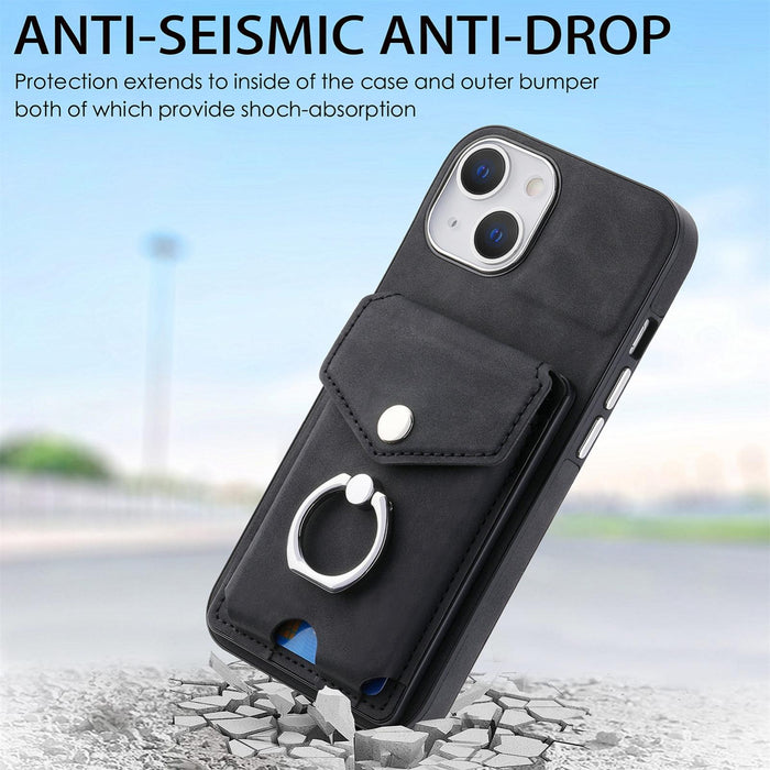 For Iphone 15 Electroplating Skin-Feel Leather Ring Card Wallet Phone Case