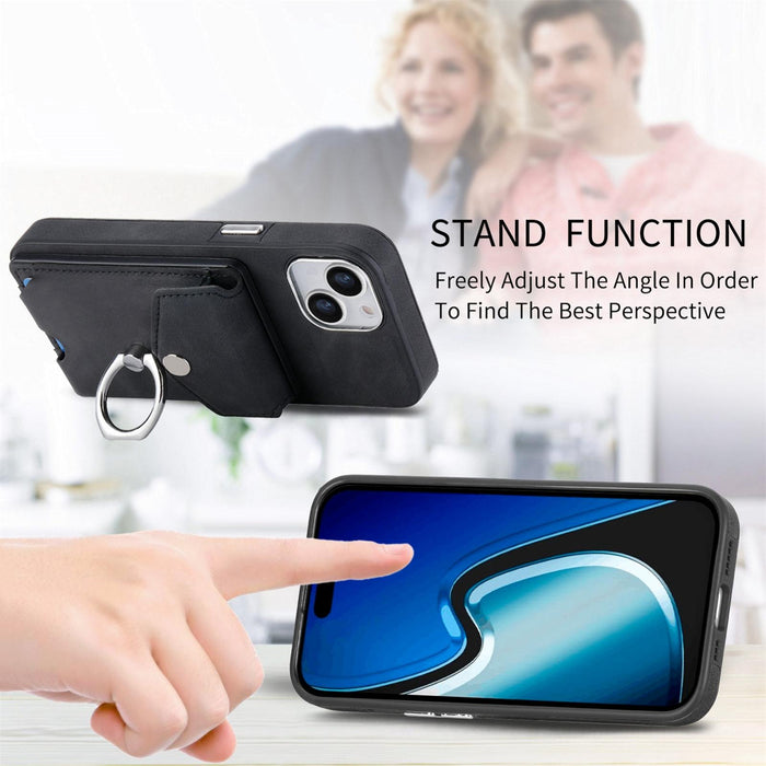 For Iphone 15 Electroplating Skin-Feel Leather Ring Card Wallet Phone Case