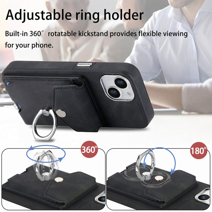 For Iphone 15 Electroplating Skin-Feel Leather Ring Card Wallet Phone Case