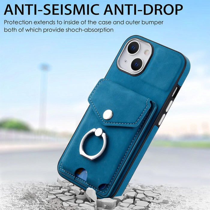For Iphone 15 Electroplating Skin-Feel Leather Ring Card Wallet Phone Case