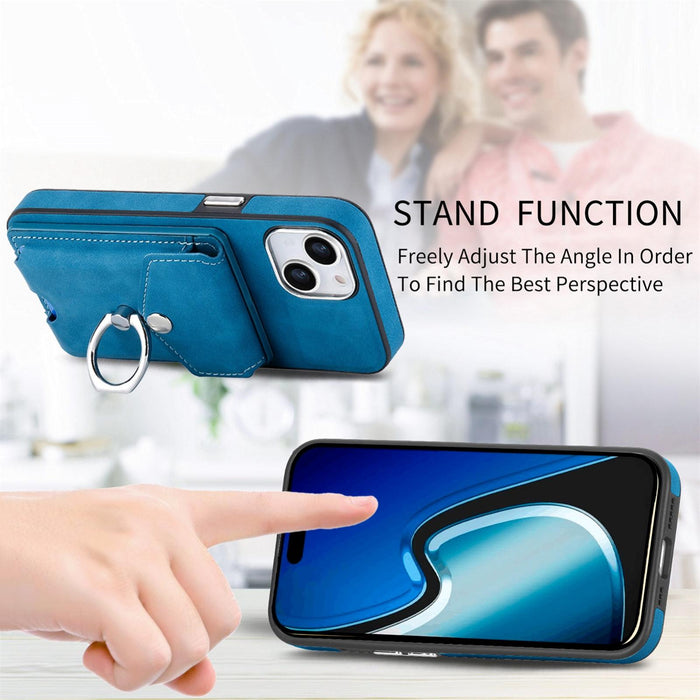 For Iphone 15 Electroplating Skin-Feel Leather Ring Card Wallet Phone Case