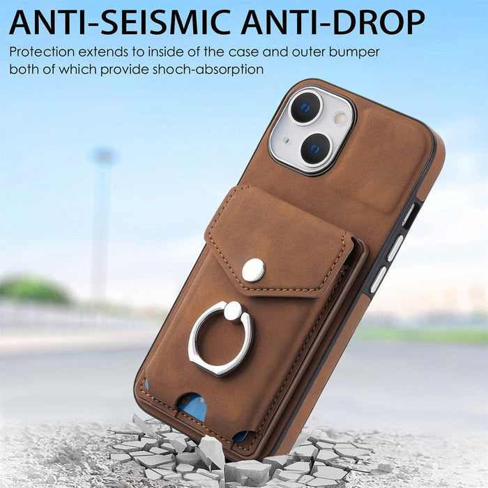 For Iphone 15 Electroplating Skin-Feel Leather Ring Card Wallet Phone Case