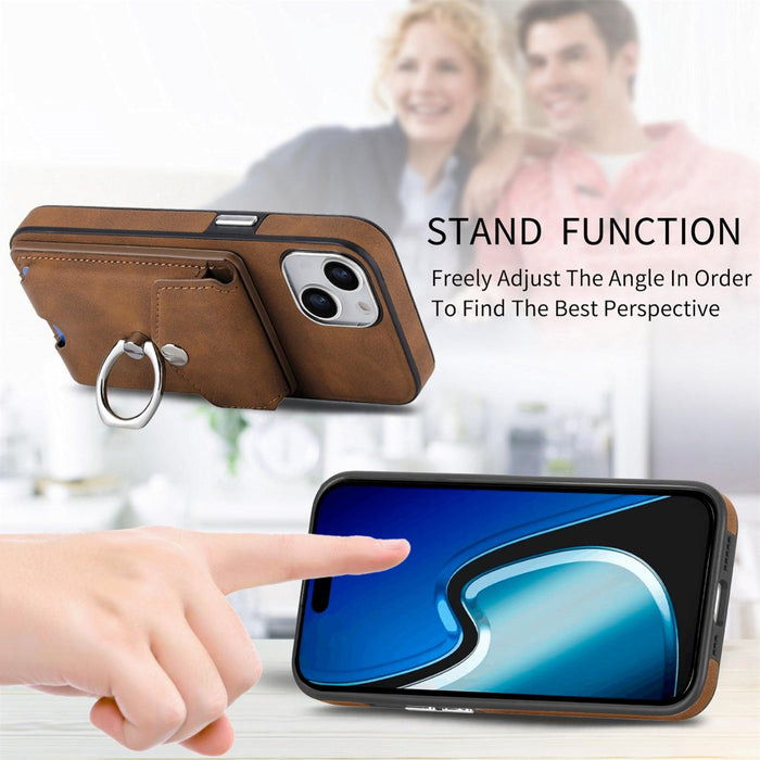 For Iphone 15 Electroplating Skin-Feel Leather Ring Card Wallet Phone Case