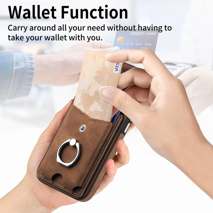 For Iphone 15 Electroplating Skin-Feel Leather Ring Card Wallet Phone Case