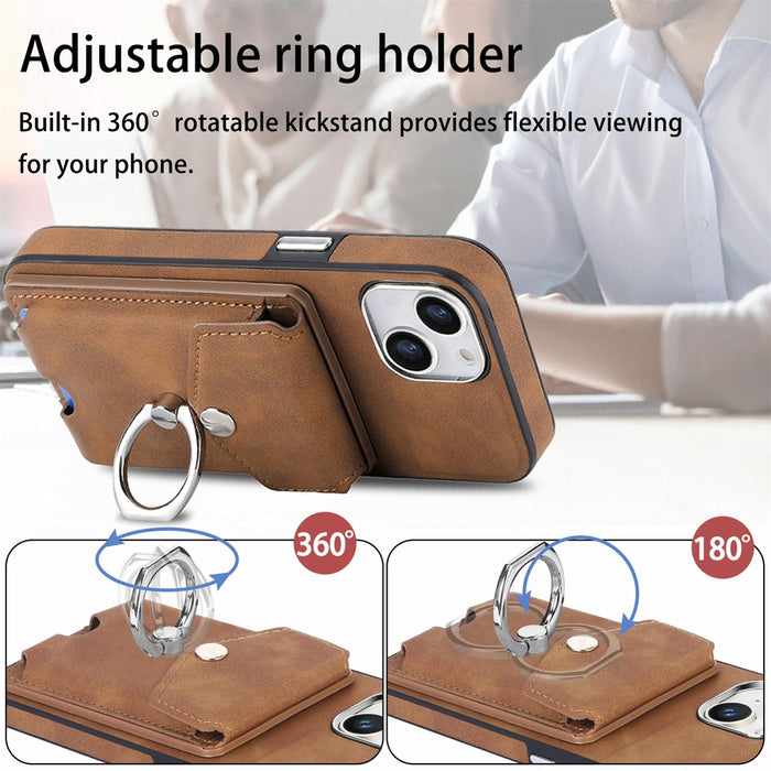 For Iphone 15 Electroplating Skin-Feel Leather Ring Card Wallet Phone Case