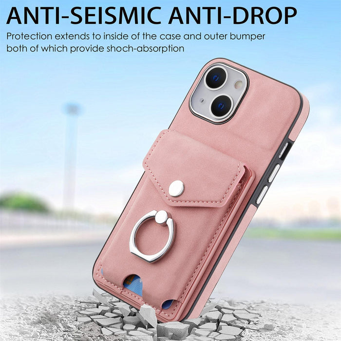 For Iphone 15 Electroplating Skin-Feel Leather Ring Card Wallet Phone Case