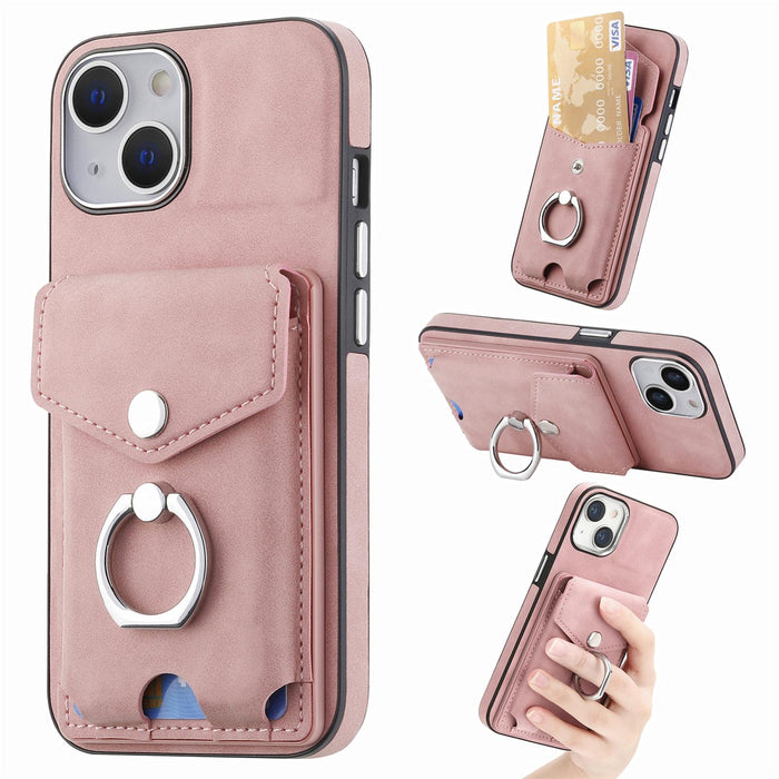 For Iphone 15 Electroplating Skin-Feel Leather Ring Card Wallet Phone Case