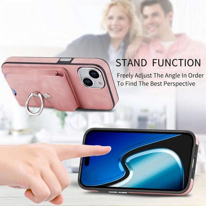 For Iphone 15 Electroplating Skin-Feel Leather Ring Card Wallet Phone Case