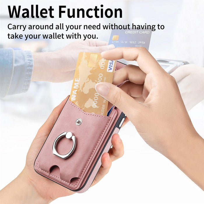 For Iphone 15 Electroplating Skin-Feel Leather Ring Card Wallet Phone Case