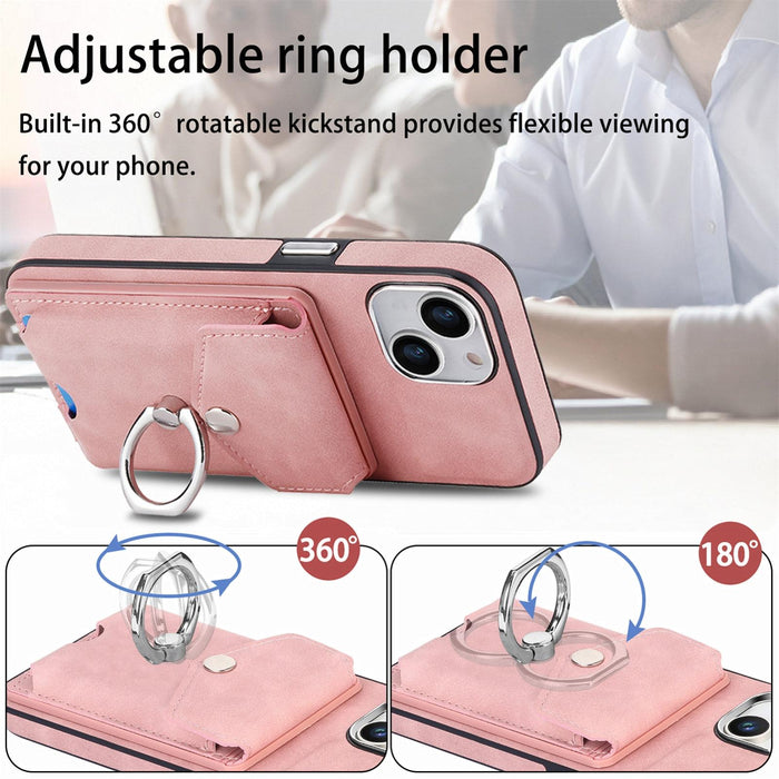 For Iphone 15 Electroplating Skin-Feel Leather Ring Card Wallet Phone Case