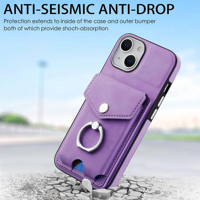 For Iphone 15 Electroplating Skin-Feel Leather Ring Card Wallet Phone Case